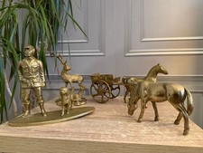 3x Collection Of Brass Figurine Ornamnets Vintage Stag Deer Horse Cart