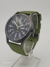 Mens 42mm Pilot Field Watch 3ATM Day Date Green Strap Mineral Glass. 
