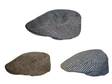 Tweed Flat Cap Herringbone Check - Vintage Wool Blend Hat for Men & Women