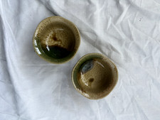 Set of 2 Vintage Japanese Lip Neutral/Green Glaze Studio Made Ceramic Tea Bowls