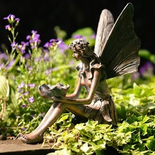 2pc Fairy Garden Ornaments Angel Statues Wings Nymph Pixie Bronze Effect Decor