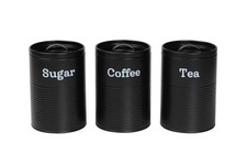 Set of 3 Tea, Coffee & Sugar Kitchen Storage Canisters Jars - Grey OR Black