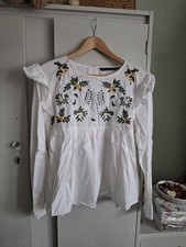 Zara White Cotton Embroidered Long Frill Sleeved  Blouse Size Large