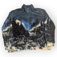 Vintage Atlas for Men Night Wolf Scene Animal Graphic Zip Fleece Jacket L