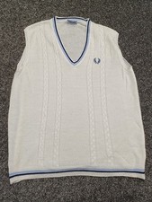 Vintage Fred Perry Courtelle Tank Top Men Large White Cable Knit Mods 70s 80s