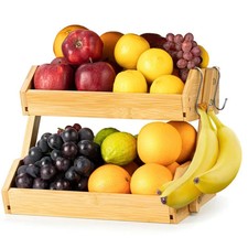 Golden Nature - Fruit Basket w/Banana Hanger - 2-Tier Bamboo Fruit & Vegetable