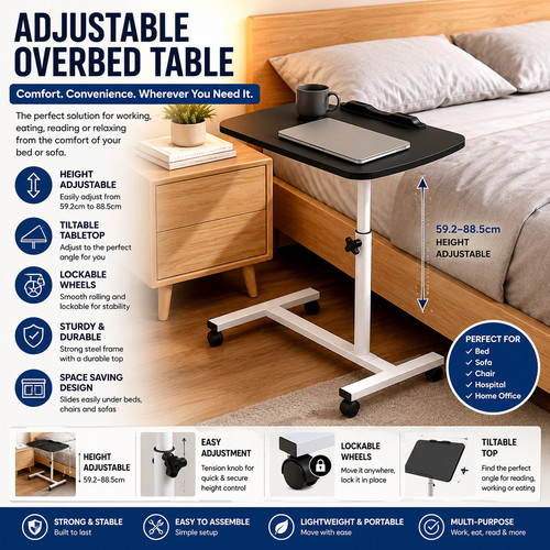 Adjustable overbed table with - adjustable,