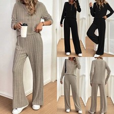 Ladies Ribbed Knit Tops Pants Set 2Pcs Nightwear Lounge Wear Tracksuit PLUS SIZE