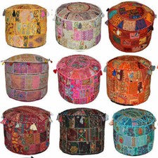 Indian Vintage Embroidered Patchwork Round Seating Pouf Cover Footstool Ottoman