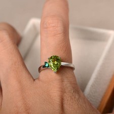 Two Stone Green Peridot Ring Natural Gemstone 925 Sterling Silver Women Ring