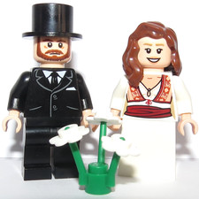 LEGO Bride Brown Hair & Groom Minifigure Top Hat Brown Beard Flesh Skin Wedding