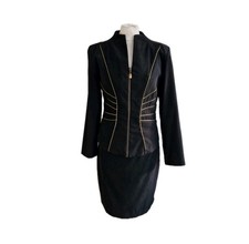 Joseph Ribkoff Vintage Black/Gold 2-Piece Stretch Skirt Zip-Up Blazer Suit-UK 10