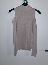 ATMOSPHERE PALE PINK SHIMMERY COLD SHOULDER RIBBED HIGH NECK SWEATER TOP 10 12