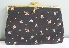 Vintage 1930s Purse Clutch Bag Embroidered Floral Gilt Frame Clasp Ladies 30s