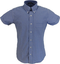 Short Sleeved Blue Gingham Check Cotton Rich Vintage/Retro Mod Button Down Shirt