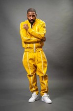 Men's Leather Track Suit Sweat suit Yellow/ White Jogging Tracksuit 100% quality