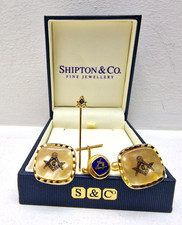 Shipton & Co Masonic Cufflinks Tie Pin And Tie Tack Set Boxed Gold Blue Enamel