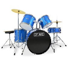 3rd Avenue Full Size Adult Drum Kit in Blue with Cymbals Stands, Stool & Sticks