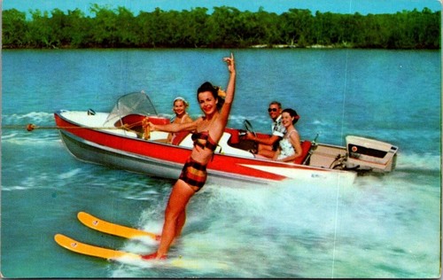 Postcard lake ski boat girls - postcard,