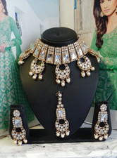 Indian Rani Necklace Earring Tikka Jewellery Set Gold Pearls Bridal Wedding D198