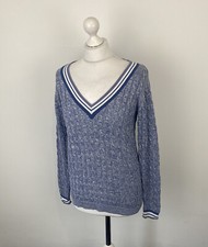 Brora Cable Knit Jumper Blue V Neck Sparkly Cricket Style Sz 12 UK Ladies