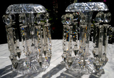 Antique Pair of Victorian Cut Crystal Clear Glass Mantel Lustre Vases  7.25"tall