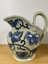 Large Studio Pottery Jug Pitcher Vase Blue Floral  Stoneware 9” (23cm) Vintage