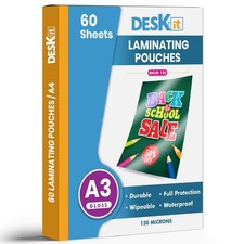 Deskit A3 Laminating Pouches, Glossy, 60 Sheets, 150 Microns - Clear and Durable