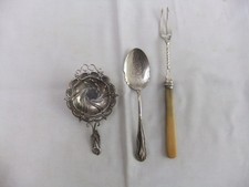 Vintage Silver Plated Tea Strainer, Pickle Fork, Jam Spoon