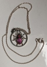 Vintage Silver Spider Necklace Pink Paste Stone Gothic Art Deco Style 47cm