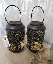 2 x Black Metal Tree Of Life Tea Light Candle Lanterns 18 x 10cm Indoor Outdoor