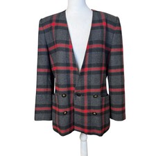 Le Suit Women’s Red Gray Plaid Wool Blend Blazer Size 12 Holiday Career Party