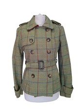 UK 8 WELLIGOGS Wool Tweed Jacket. Green Check Double Breasted, Belted