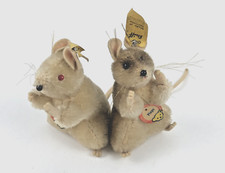 2x Original Steiff Mouse Beeps 4308.05 and 4308.04 Red Eyes per KFS approx. 1955-70