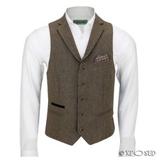 New Mens Wool Mix Herringbone Tweed Vintage Collar Waistcoat Tailored Fit Vest