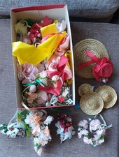 Vintage Job Lot Of Dolls Hats, Floral Bouquets, Ribbon Etc Doll Accessories.