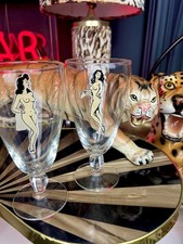 1950’s Saucy Peek A Boo Pin Up Barware Rare Half Pint Stem Drinks Glass Pair