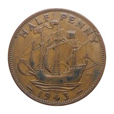 1943 United Kingdom ½ Penny Coin – King George VI, Bronze, KM#844 Z3215