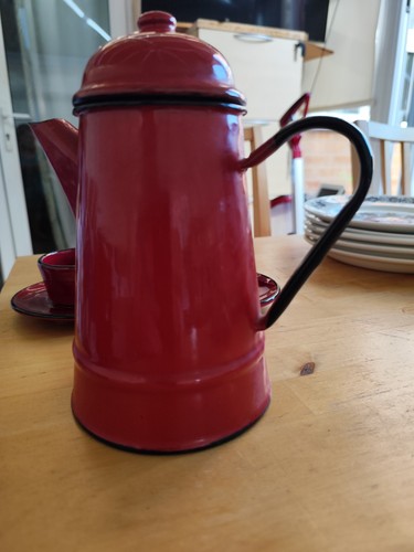 Vintage red enamel coffee pot - red,