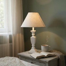 Tall Wooden Cream Washed Table Lamp - Shabby Chic Design with Taupe Linen Shade