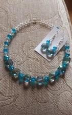 AQUA & AURORA BOREALIS DRESSY FACETED CHOKER NECKLACE EARRINGS SET