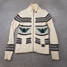 Superdry Mens Cardigan Small Cream Jacket Aztec Cowichan Navajo Native Eagle
