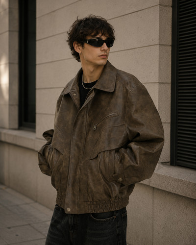 Oversized brown leather bomber - oversized,