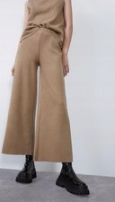 Zara Size 12 Trousers Camel Biege Brown Wide Leg Ribbed Jersey Stretchy Womens 