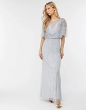 Monsoon New Tatiana Size 10 Maxi Long Embellished Dress Blue Grey Silver Cape