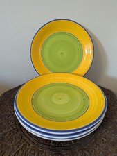 Set of 4 Rayware Yellow Green & Blue Dinner Plates Retro Vintage VGC Colourful 