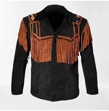 Handmade Leather Jacket Men’s Black Suede Fringe Western Cowboy with Fringes