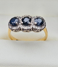 Antique 18ct Gold  Sapphire Trilogy Ring with illusion diamond set halo Size M