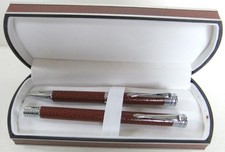 SUPERB QUALITY BALLPOINT PEN SET IN MATCHING CASE, LEATHER COVERED & CHROME-GOOD