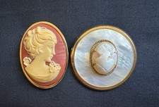 2 Vintage Cameos, 1 Trifari Oval Brooch, Lady Head Profile + 1 Round Pin Pendant